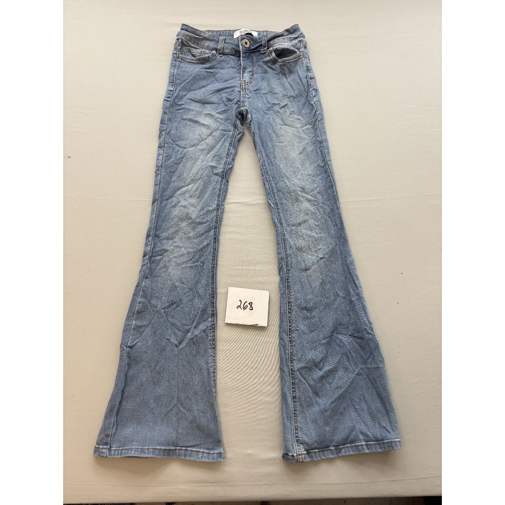 TELEPATÍA Womens Light Wash Denim Flare Jeans Size 24 Low Rise Blue Wide Leg